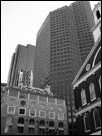 This is a black and white photo of the city skyline in Boston, Massachusetts.