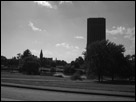 This is a black and white photo of the University of Massachusetts campus library.