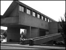 This is a black and white photo of the UMass Fine Arts Center.