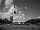 This is a black and white photo of the UMass main campus location.