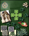 Here is a digital photo collage of many different irish photos, symbols, designs placed on top of a green tinted background of the blarney castle.