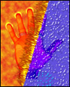 This is a digital photo of my scanned hand, and a half fire & ice themed background, with highlights around the fingers.
